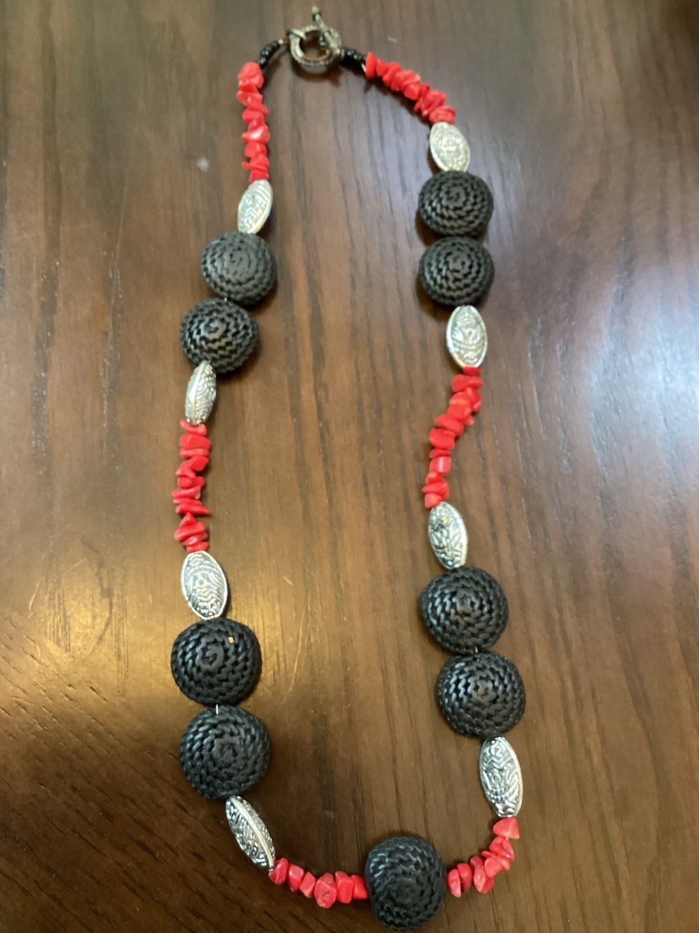 Handcrafted Black Bead and Red Chip Necklace